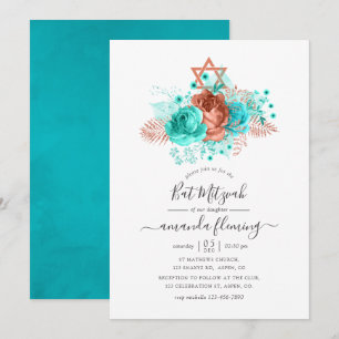 Turquoise & Coral Watercolor Bat Mitzvah Invitation