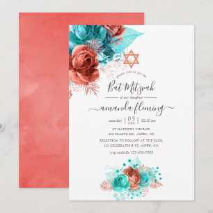 Turquoise & Coral Watercolor Floral Bat Mitzvah Invitation