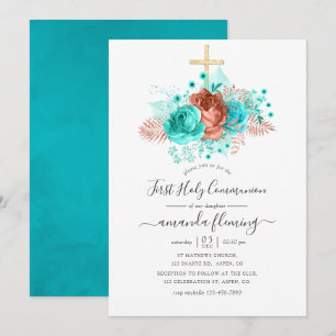 Turquoise & Coral Watercolor Floral Holy Communion Invitation