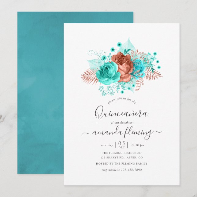 Turquoise & Coral Watercolor Quinceañera Invitation (Front/Back)