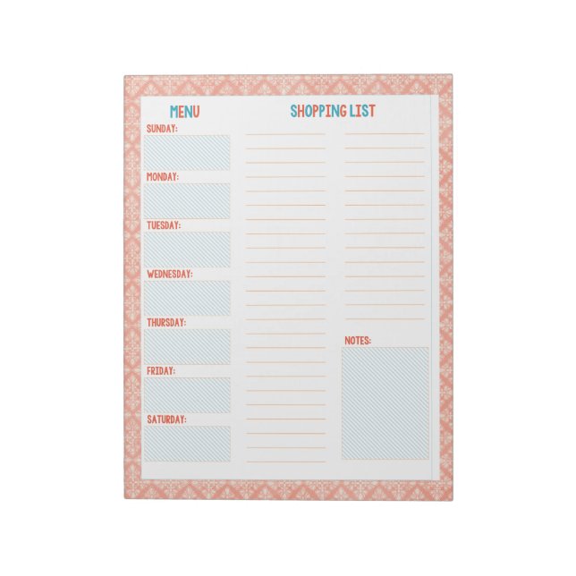 Turquoise & Coral Weekly Menu/ Grocery List Notepad (Rotated)