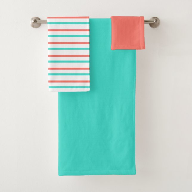 Turquoise Coral White Geometric Stripes Bath Towel Set (Insitu)