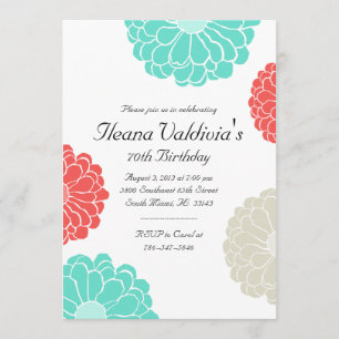 Turquoise Coral Zinnia Flower Birthday Invitation
