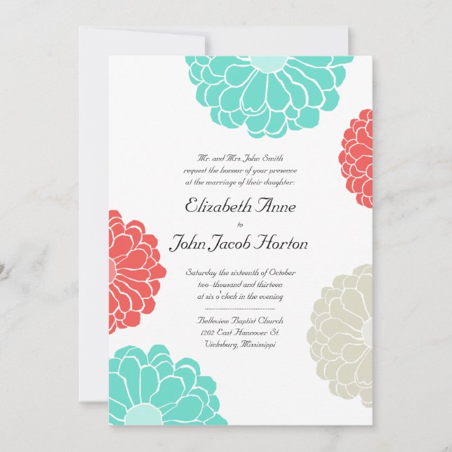 Turquoise & Coral Zinnia Flower Wedding Invitation (Front)
