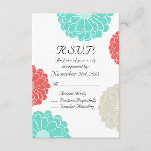 Turquoise Coral Zinnia Flower Wedding RSVP Card