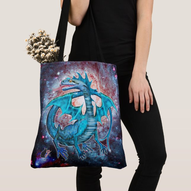 Turquoise Cosmic Dragon Tote Bag (Close Up)