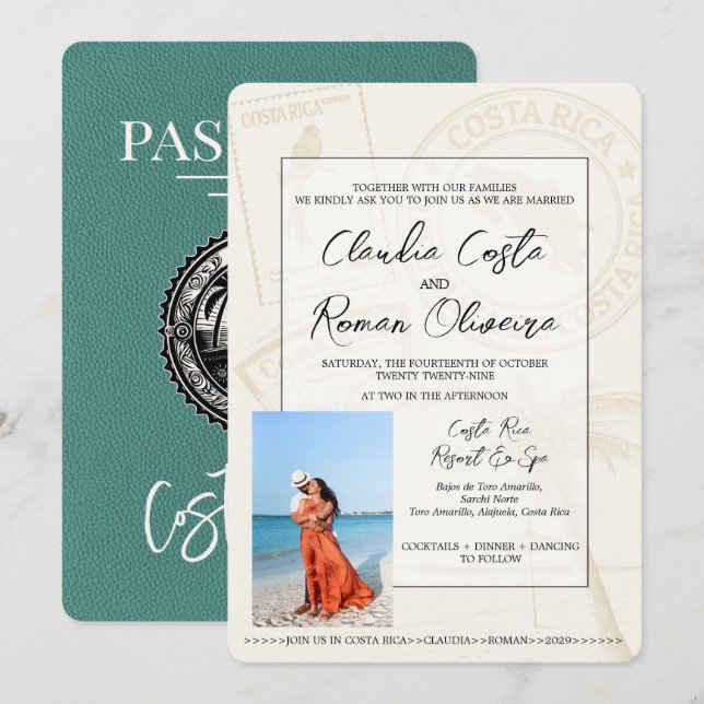 Turquoise Costa Rica Passport Wedding Invitation (Front/Back)