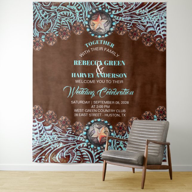 Turquoise Cowboy Country Western Wedding Backdrop Tapestry (In Situ)