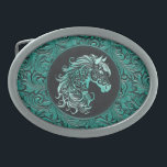Turquoise cowgirl floral tooled leather horse head belt buckle<br><div class="desc">Turquoise cowgirl floral tooled leather design with a floral horse head,  western style leather design. Available in more colours. For horse lovers,  equestrians.</div>
