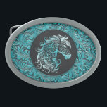 Turquoise cowgirl floral tooled leather horse head belt buckle<br><div class="desc">Turquoise blue cowgirl floral tooled leather design with a floral horse head,  western style leather design. Available in more colours. For horse lovers,  equestrians.</div>