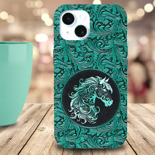 Turquoise cowgirl floral tooled leather horse head iPhone 15 case