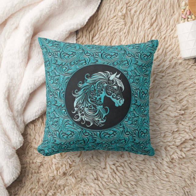 Turquoise cowgirl floral tooled leather horse head cushion (Blanket)