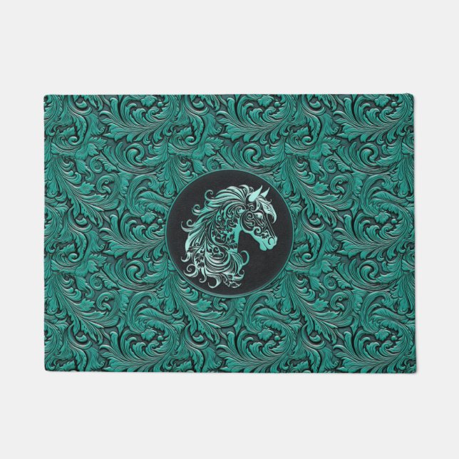 Turquoise cowgirl floral tooled leather horse head doormat (Front)
