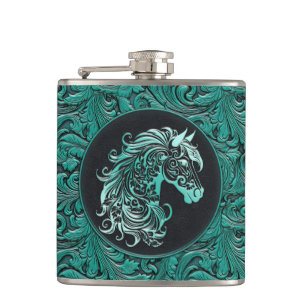Turquoise cowgirl floral tooled leather horse head hip flask