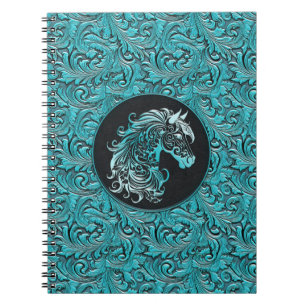 Turquoise cowgirl floral tooled leather horse head notebook