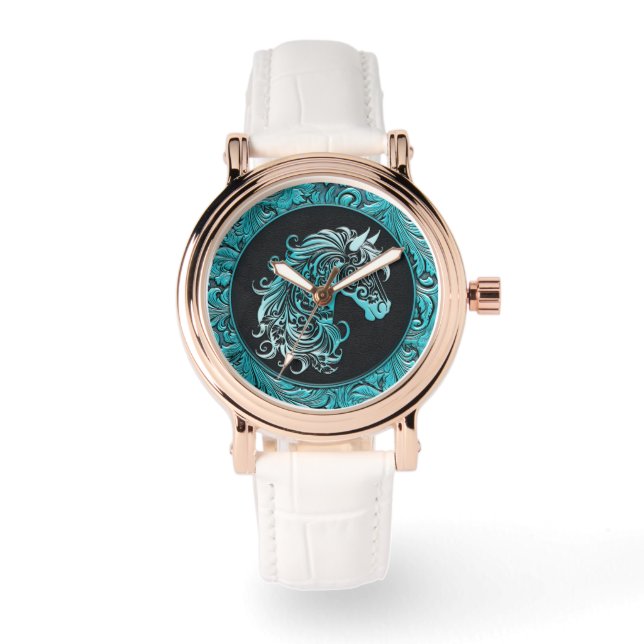 Turquoise cowgirl floral tooled leather horse head watch (Front)