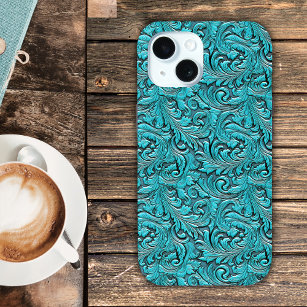 Turquoise cowgirl floral tooled leather western iPhone 15 case