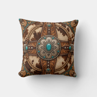 Turquoise Cowhide Western Leather Throw Pillow