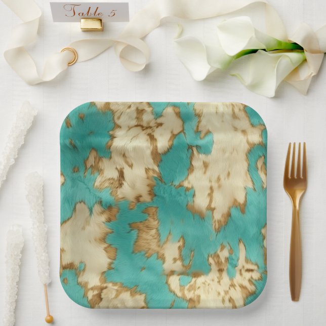 Turquoise  Cream Animal Cowhide Western Cowgirl Paper Plate (Wedding)