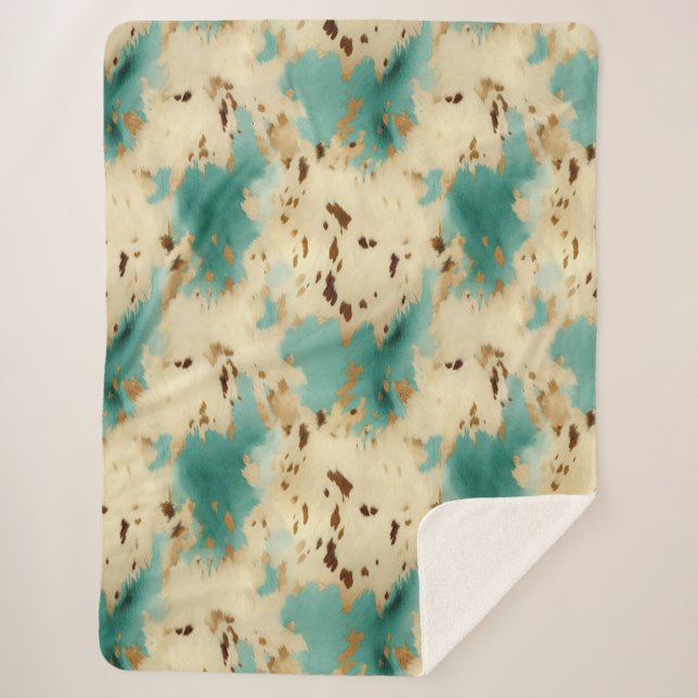 Turquoise Cream Gold Southwest Cowhide Sherpa Blanket (Front)