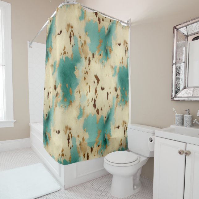 Turquoise Cream Gold Southwest Cowhide Shower Curtain (In Situ)