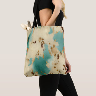 Turquoise Cream Gold Southwest Cowhide Tote Bag