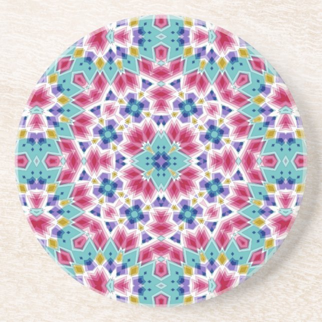 Turquoise crimson colourful kaleidoscope ornament  coaster (Front)