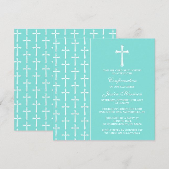 Turquoise Cross Holy Communion Or Confirmation Invitation (Front/Back)