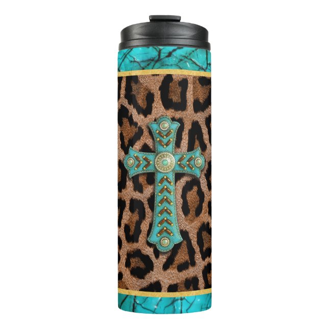 Turquoise Cross on Animal Print Thermal Tumbler (Front)