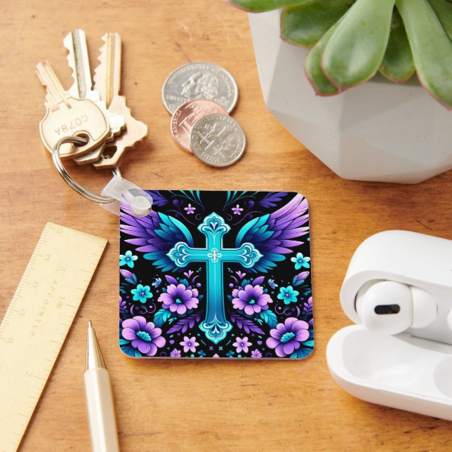 Turquoise Cross with Wings Key Ring (Desk)
