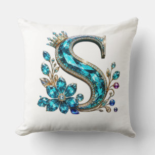 Turquoise Crystal Letter S & Crown Cushion