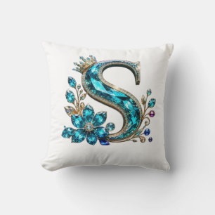 Turquoise Crystal Letter S & Crown Cushion