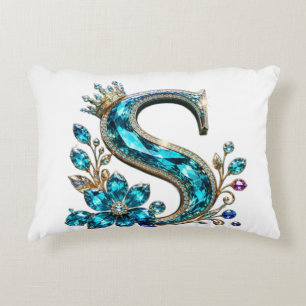 Turquoise Crystal Letter S & Crown Decorative Cushion