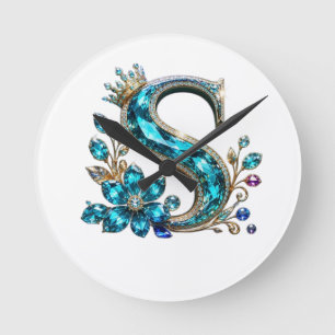 Turquoise Crystal Letter S & Crown Round Clock