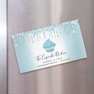 Turquoise Cupcake Bakery Pastry Chef Glitter Drips Magnetic Business Card