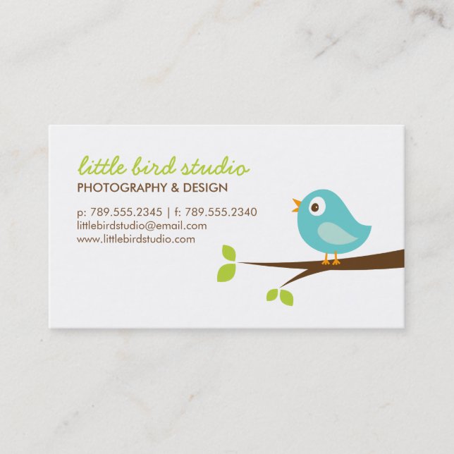 Turquoise Cute Bird on a Branch Business Card (Front)