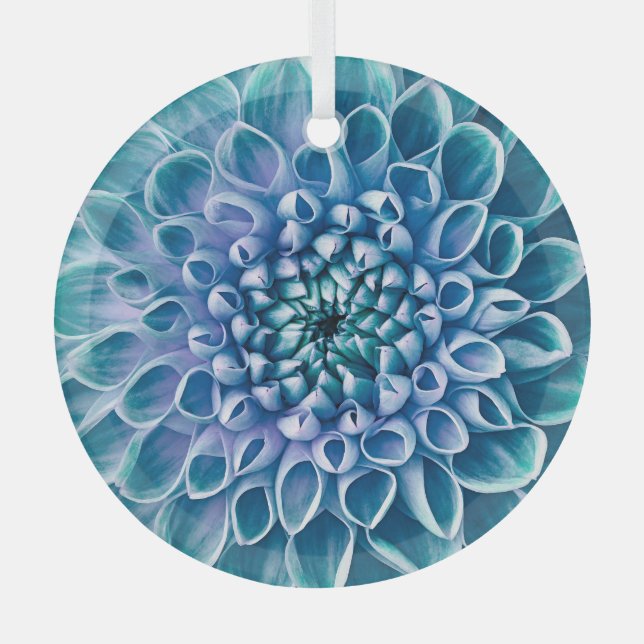 Turquoise Dahlia Flower Macro Background Glass Tree Decoration (Front)