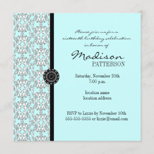 Turquoise Damask Baroque Sweet 16 Party Invitation