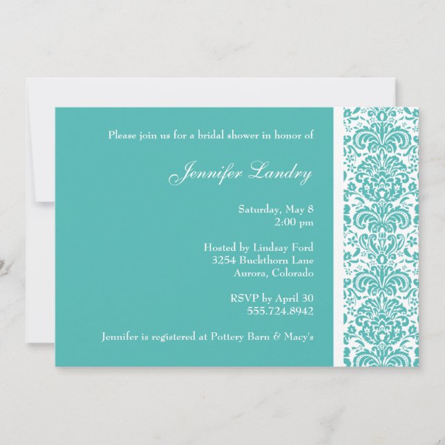 Turquoise Damask Bridal Shower Invitation (Front)