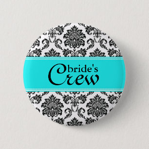 Turquoise Damask Bride's Crew Button