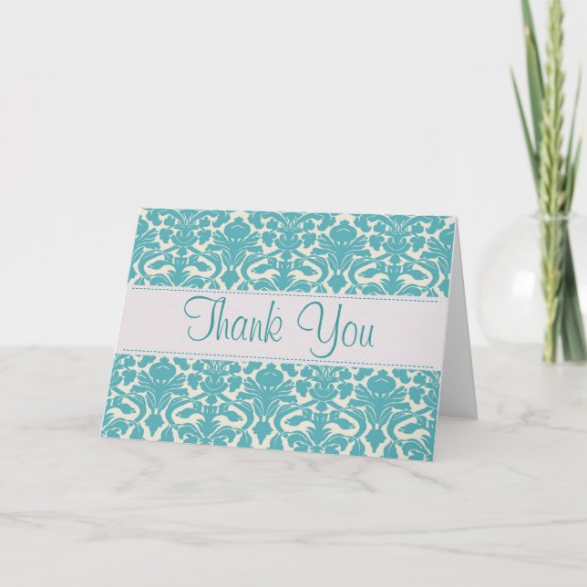 Turquoise Damask Customisable Thank You Card (Front)