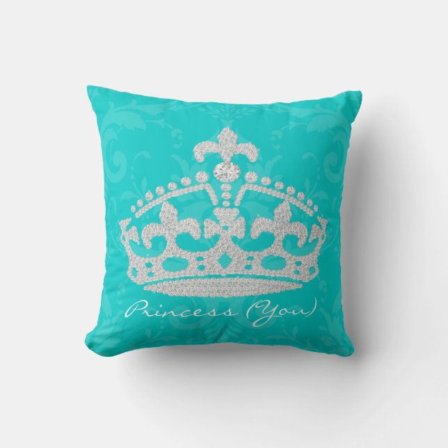 Turquoise Damask Diamond Princess Crown Pillow (Front)