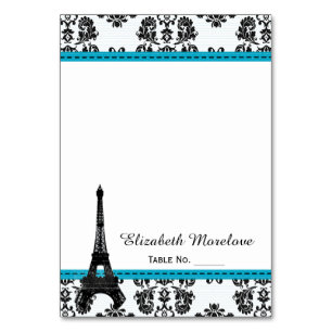 Turquoise Damask Eiffel Tower Tent Place Cards