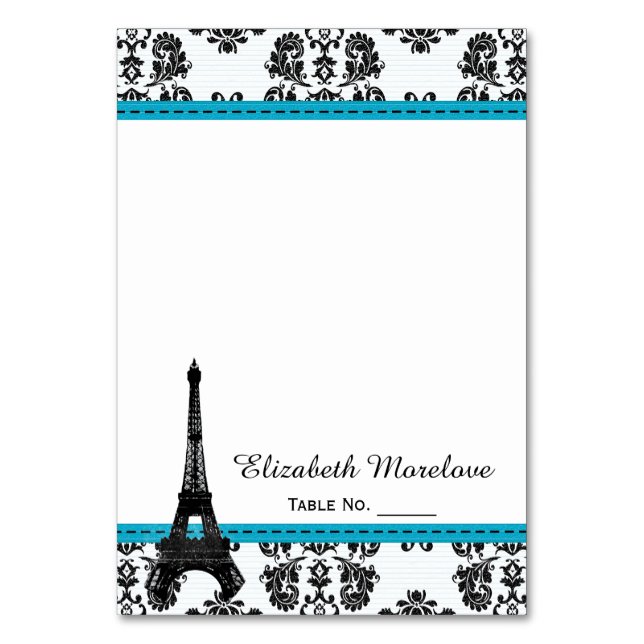 Turquoise Damask Eiffel Tower Tent Place Cards (Front)