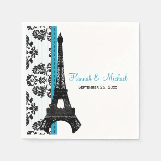TURQUOISE Damask Eiffel Tower Wedding Napkin (Front)