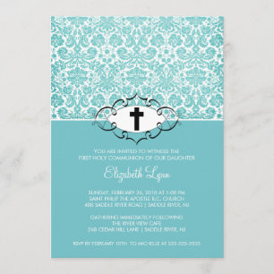 Turquoise Damask First Communion Inviation Invitation