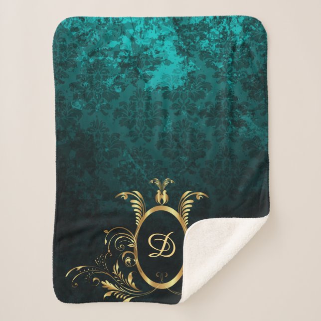 Turquoise Damask gold Frame Personalised Sherpa Blanket (Front)