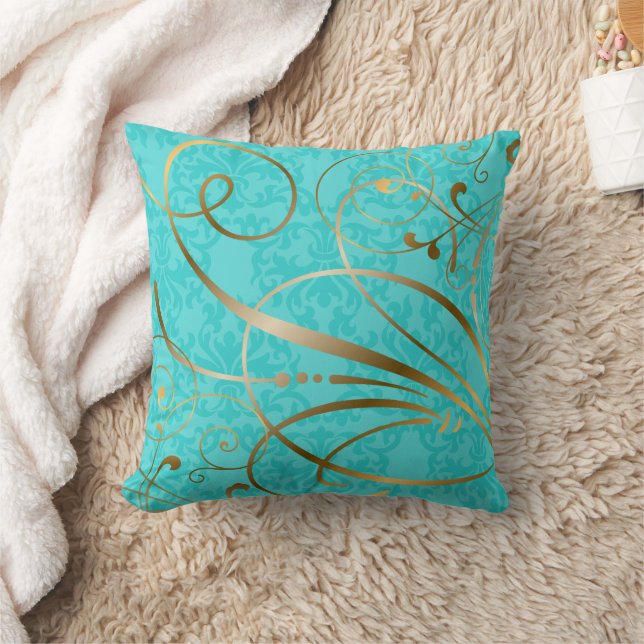Turquoise Damask Gold Swirls Flourishes Cushion (Blanket)