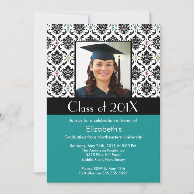 Turquoise Damask Graduation Invitation Photo (Front)