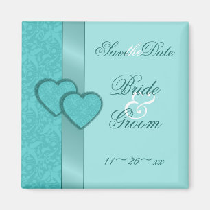 Turquoise Damask Hearts Save the Date Magnet